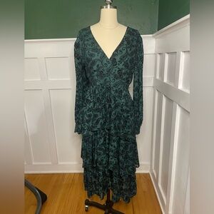 Ember Paisley Layered Tiered Long Sleeve V-Neck Maxi Dress Teal Black Size M